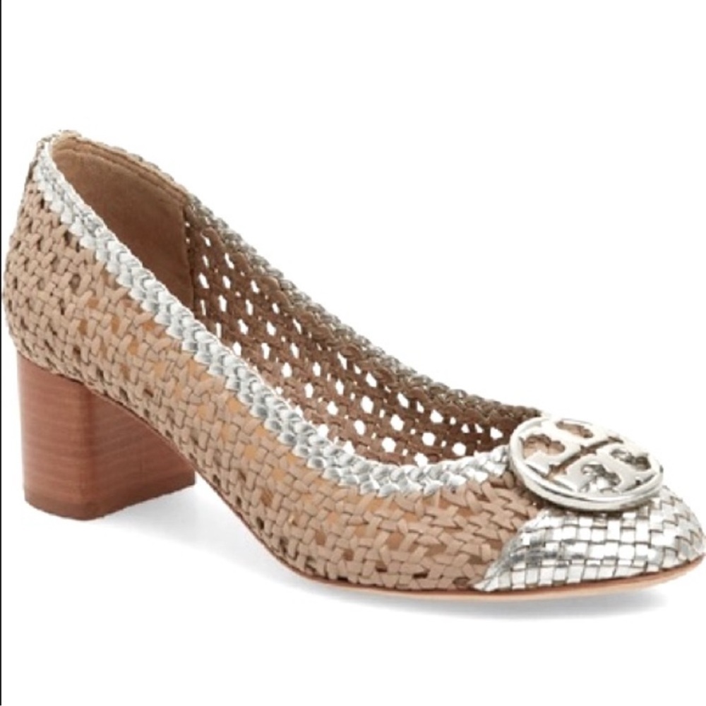 Tory Burch Metallic and Tan Woven Heels